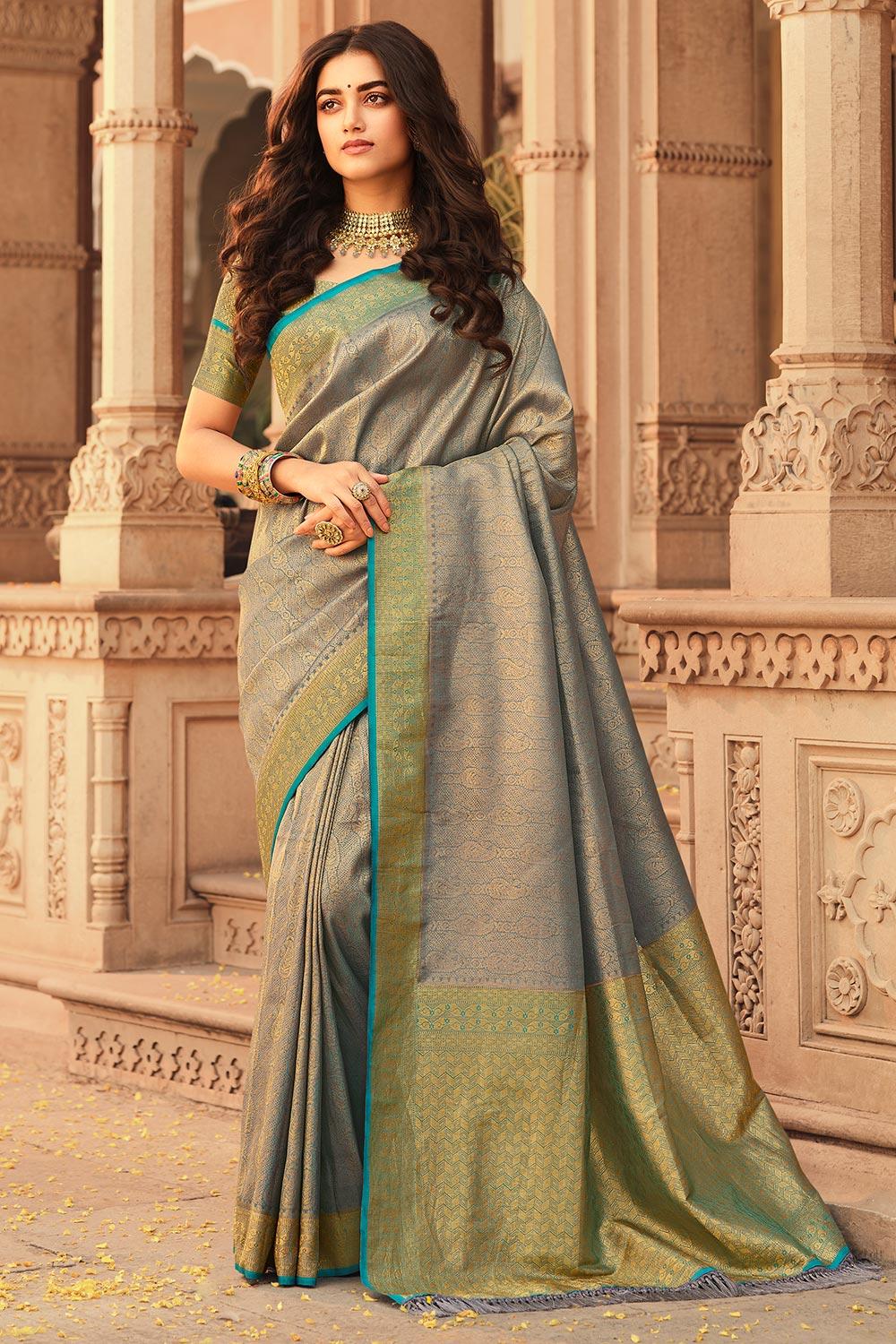 enchanting light fern green kanjivaram silk saree with blouse