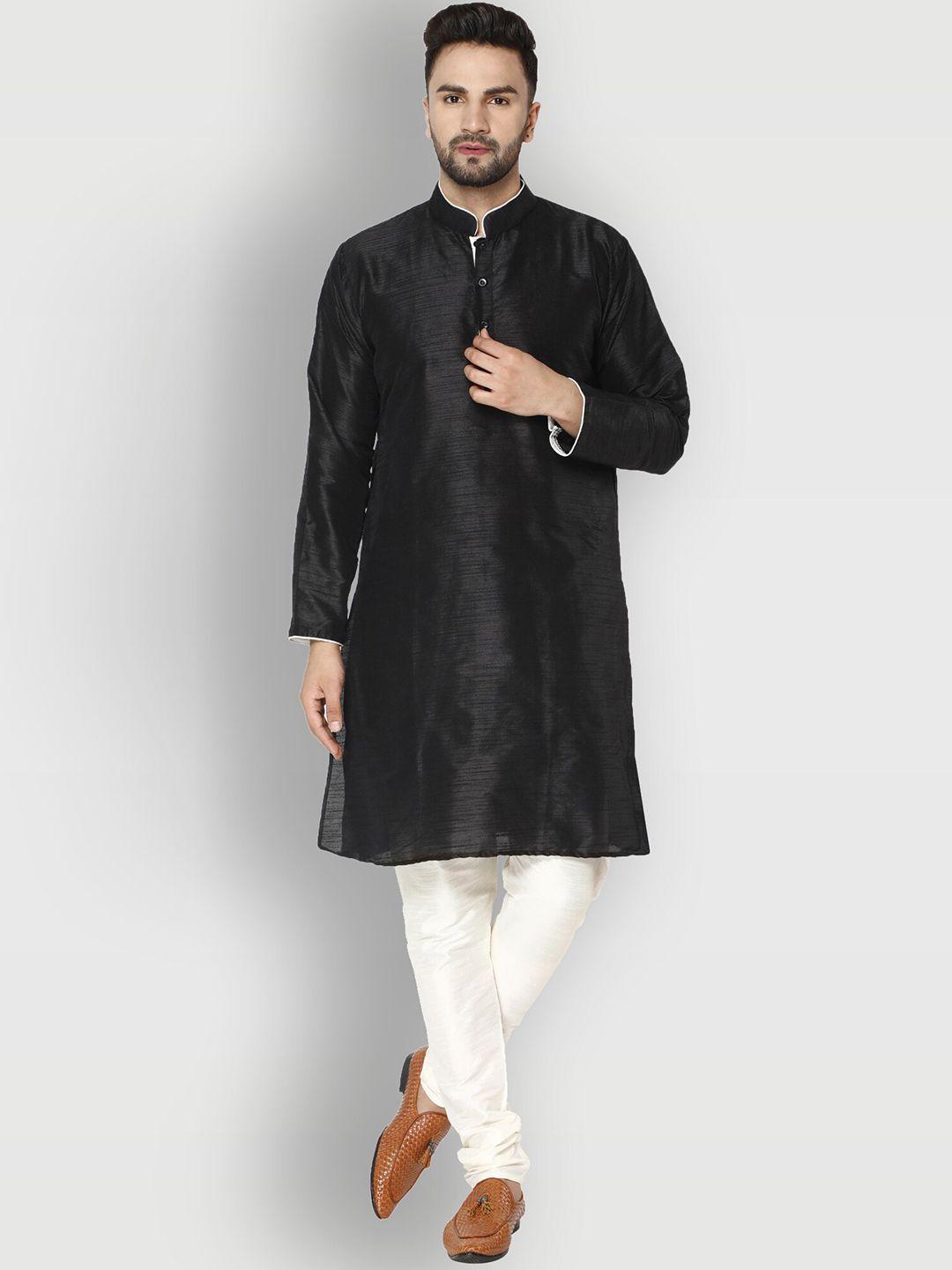 enciger men black & off white solid dupion silk kurta set