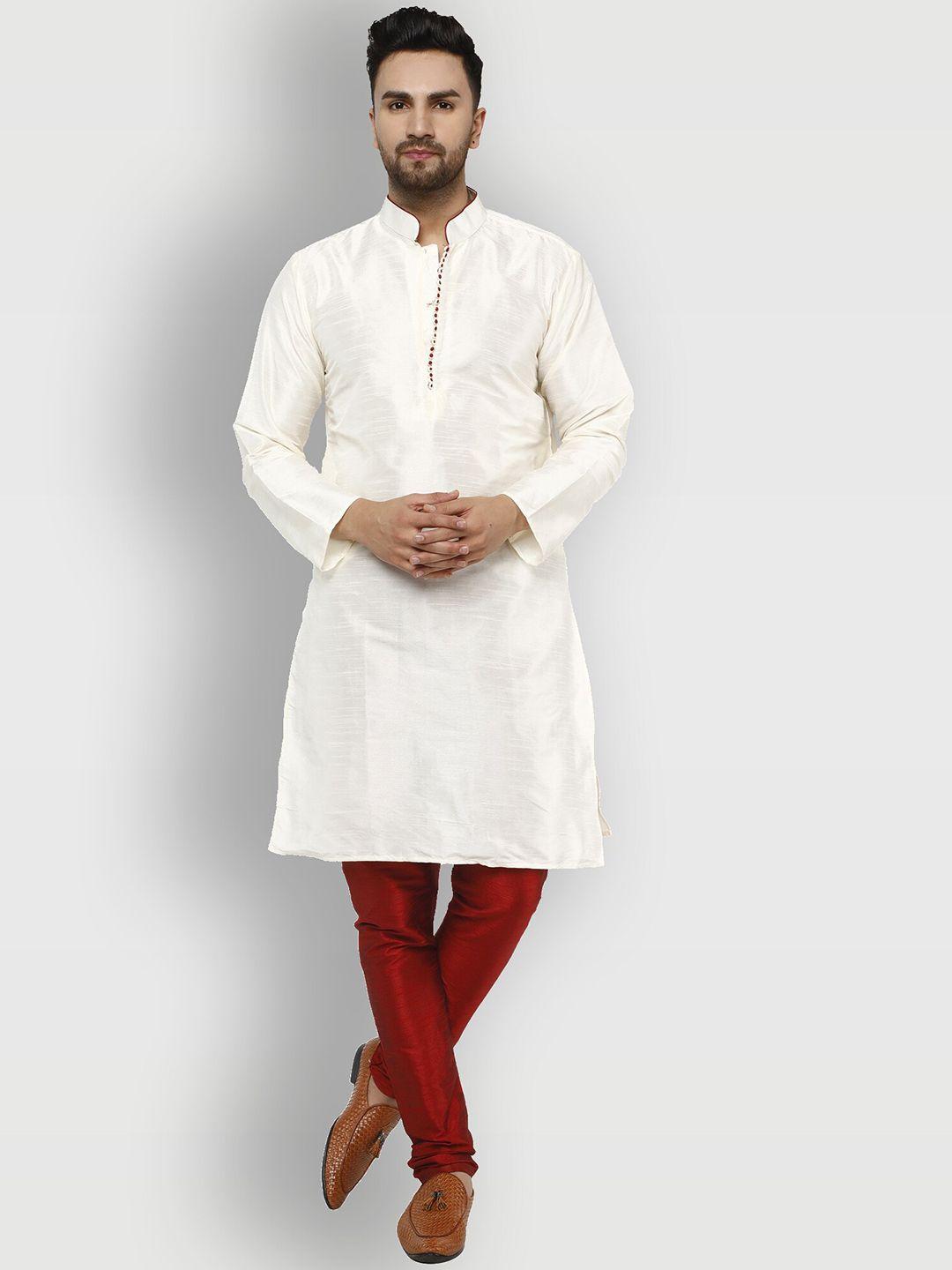 enciger men off white & red dupion silk solid kurta with churidar