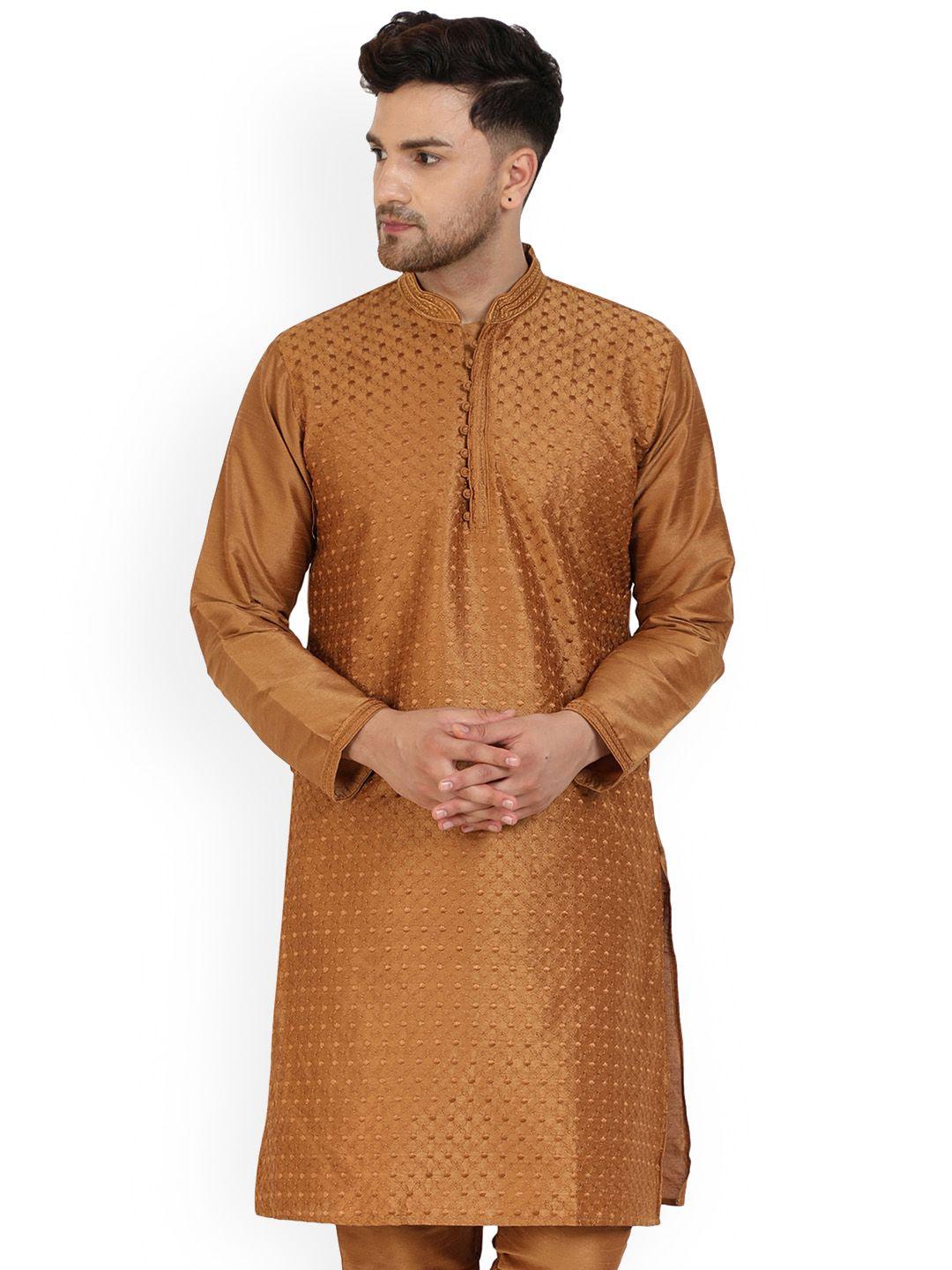 enciger men brown embroidered thread work handloom kurta