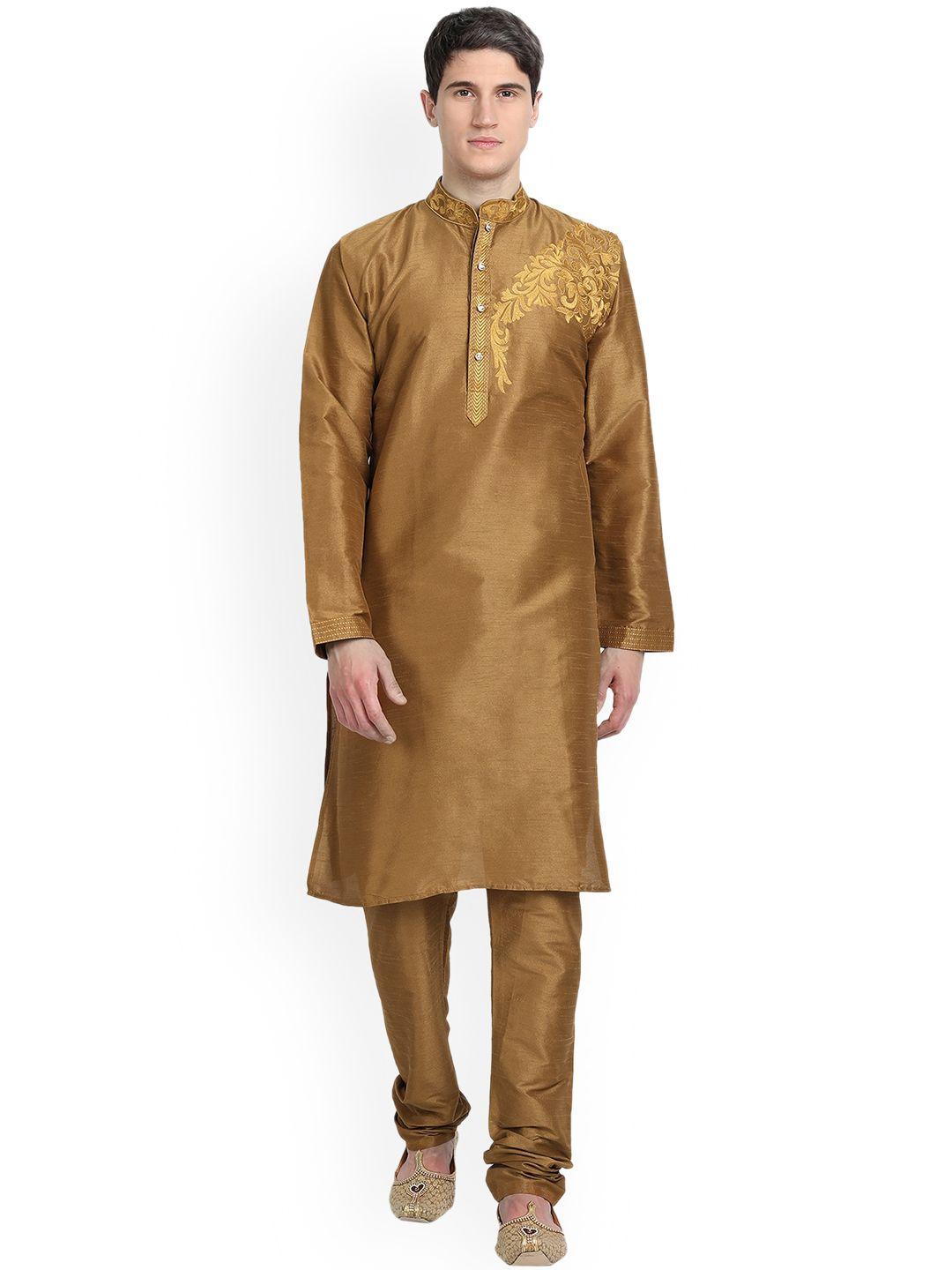 enciger men brown ethnic motifs embroidered thread work dupion silk kurta with pyjamas