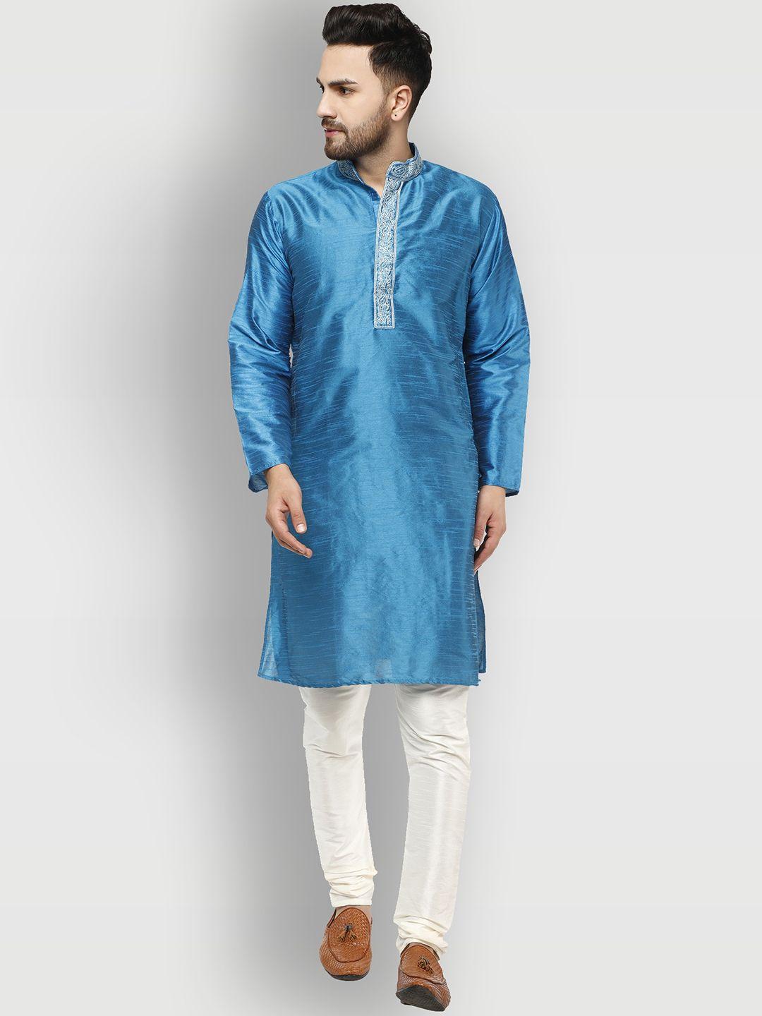enciger men turquoise blue paisley yoke design thread work dupion silk kurta with churidar