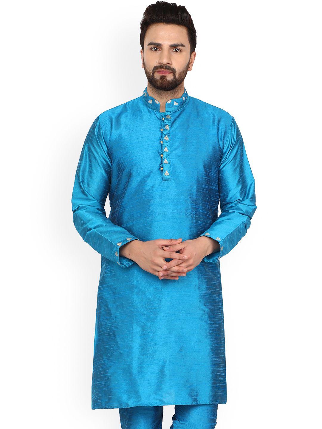 enciger men turquoise blue thread work handloom kurta
