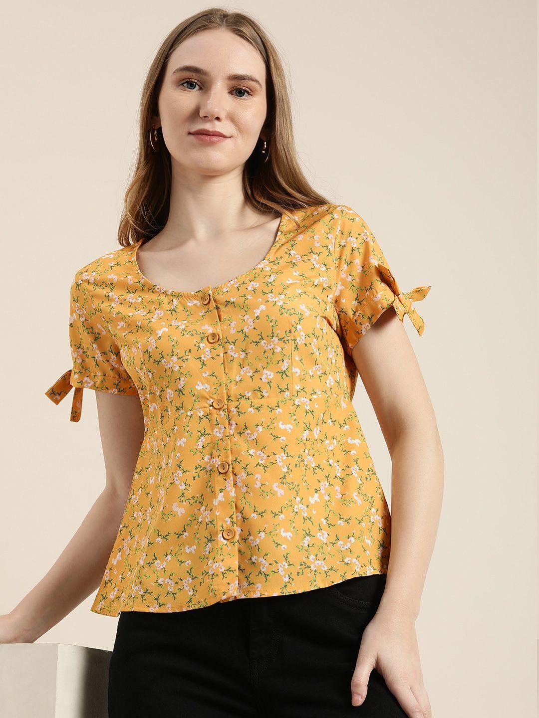 encore by invictus floral print peplum top with tie knots detail at cuff