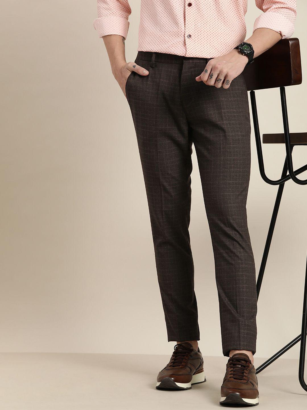 encore by invictus men brown checked trousers