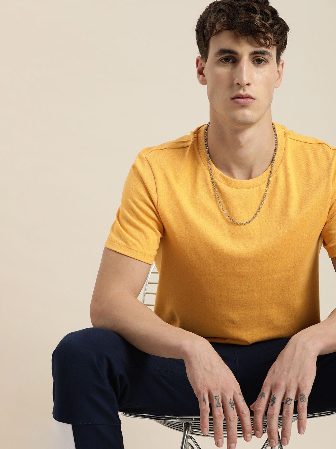 encore by invictus men mustard yellow solid casual t-shirt