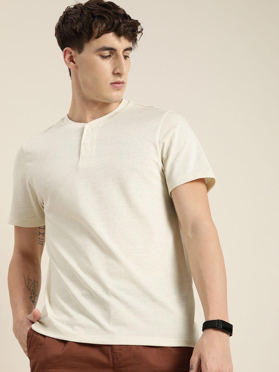 encore by invictus men off white solid henley neck casual t-shirt