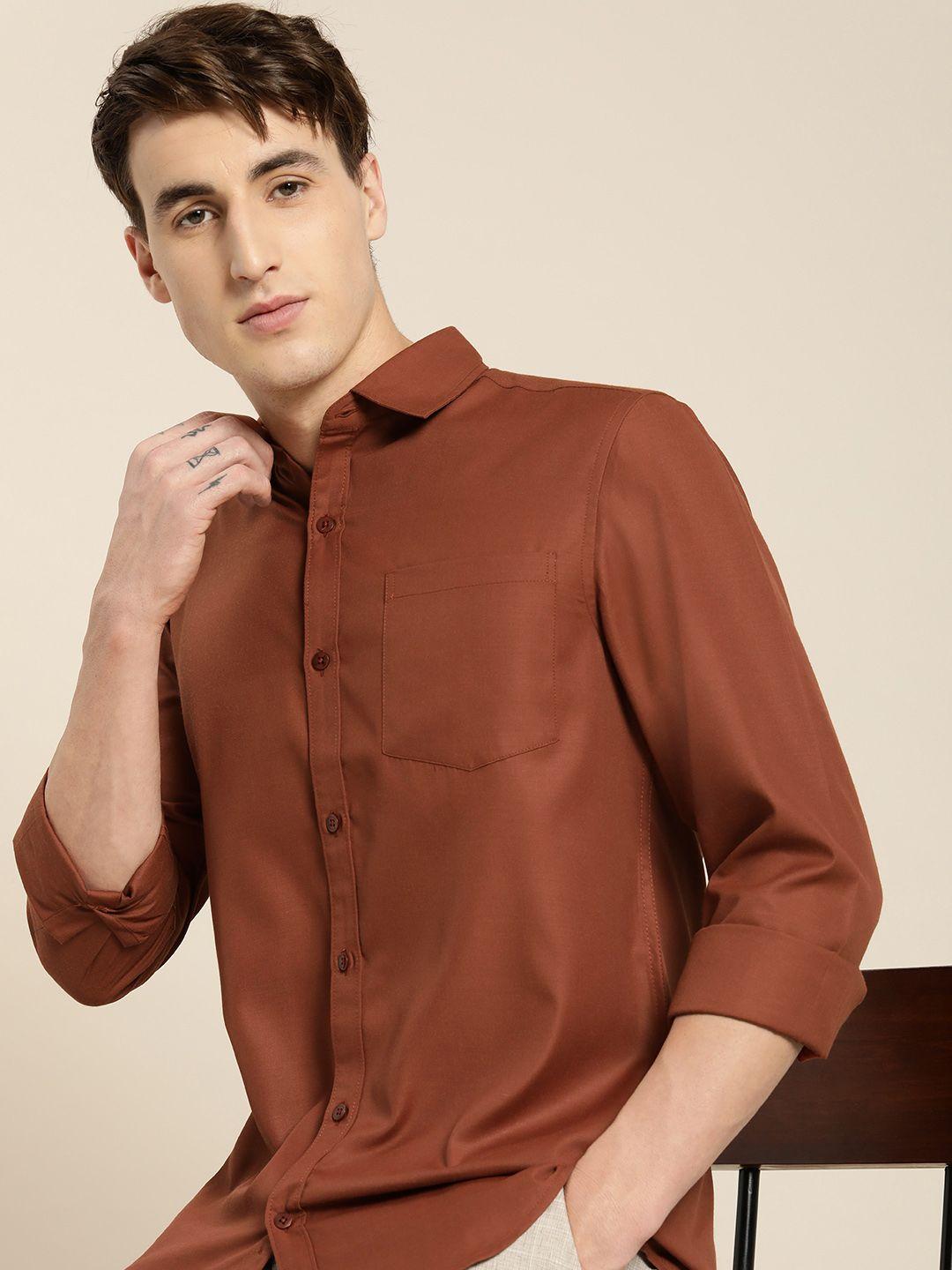 encore by invictus men rust orange solid regular fit easy iron casual shirt