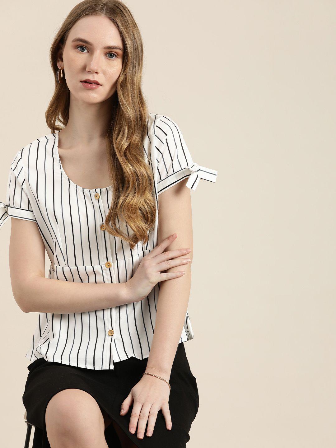 encore by invictus striped monochrome peplum top with tie knots at cuff