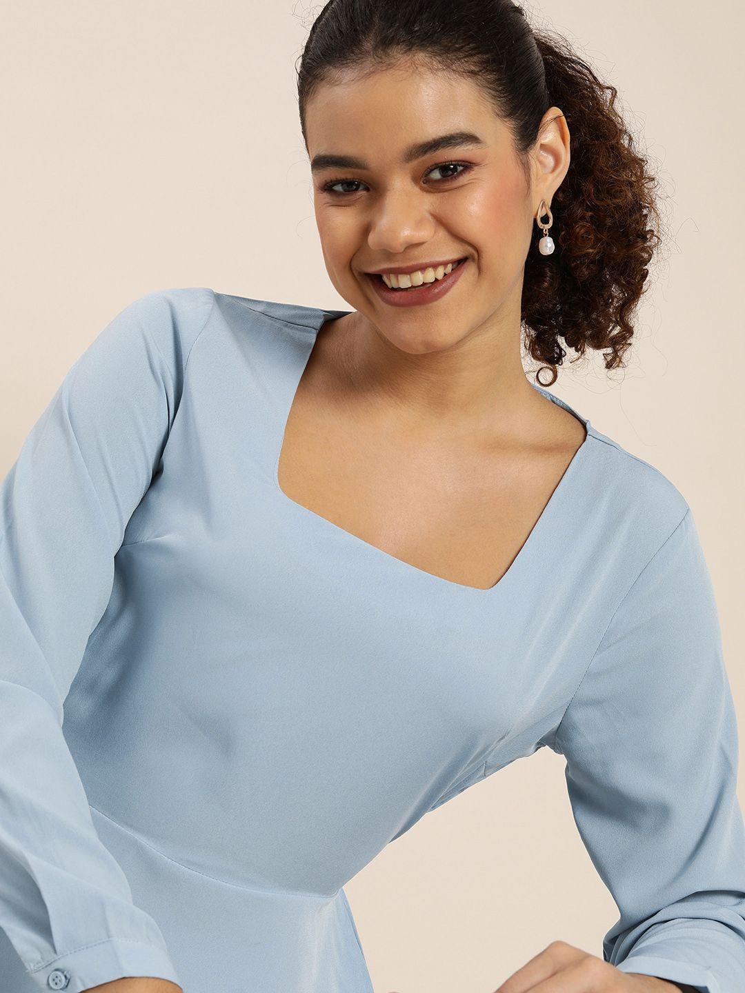 encore by invictus women light blue solid peplum top