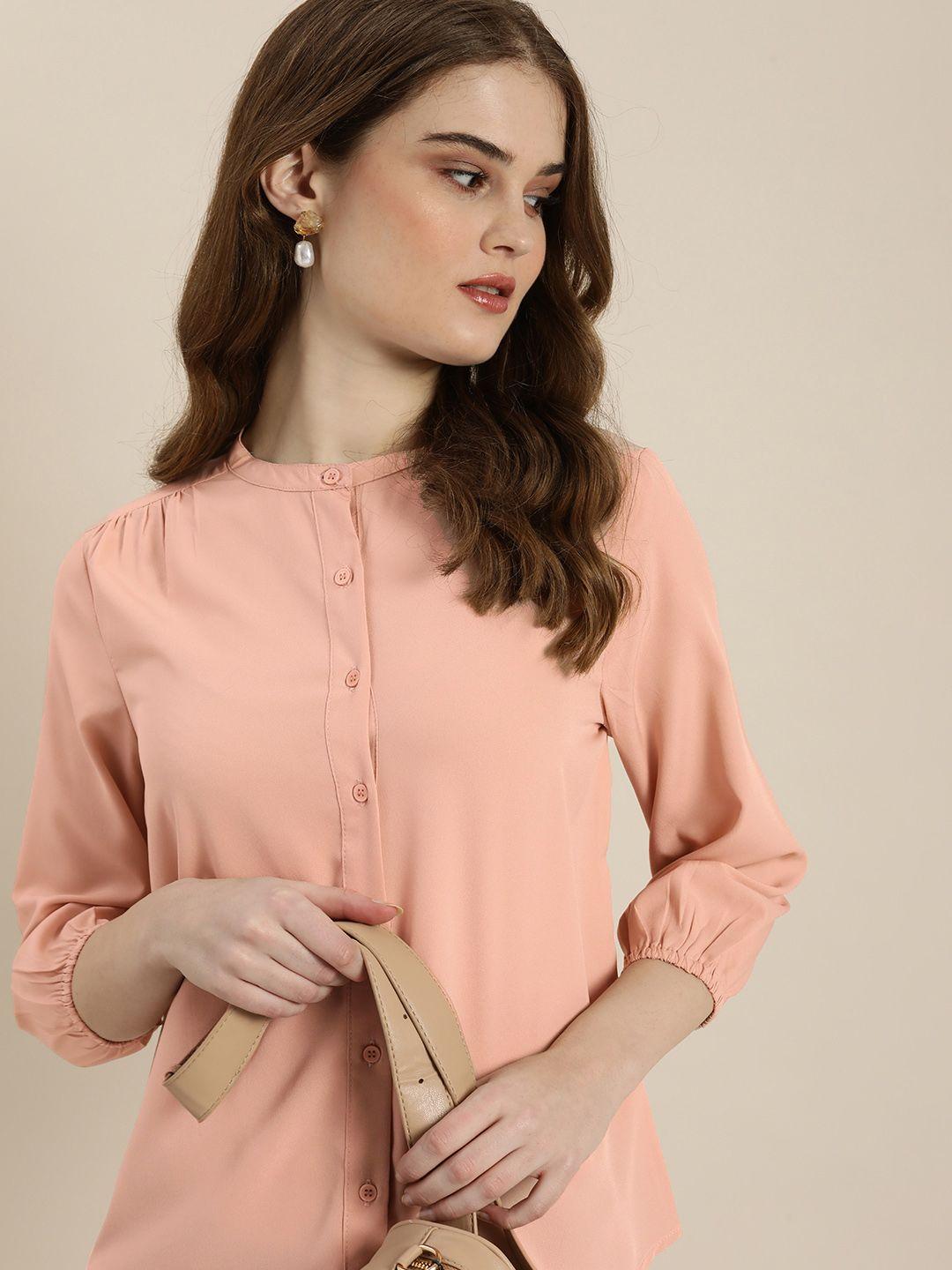 encore by invictus women pink solid mandarin collar casual shirt