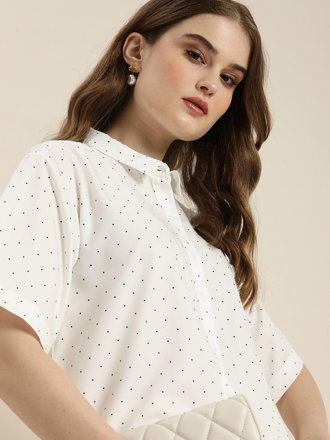 encore by invictus women white & black polka dots printed drop-shoulder sleeves shirt