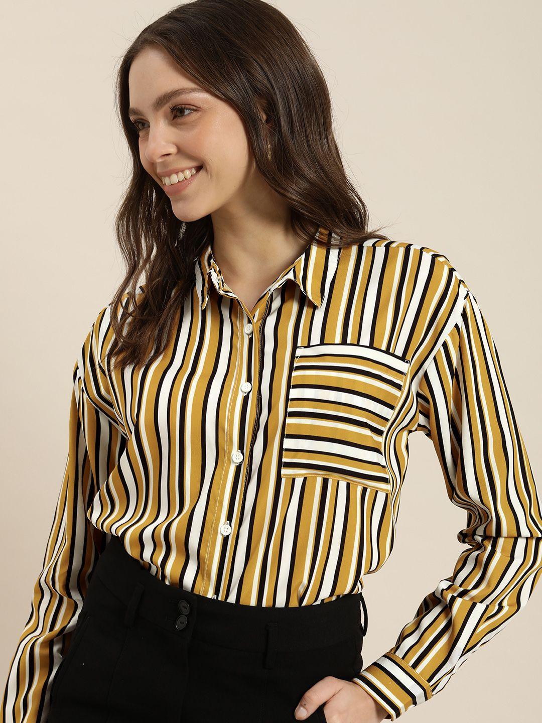 encore by invictus women white & yellow striped casual shirt