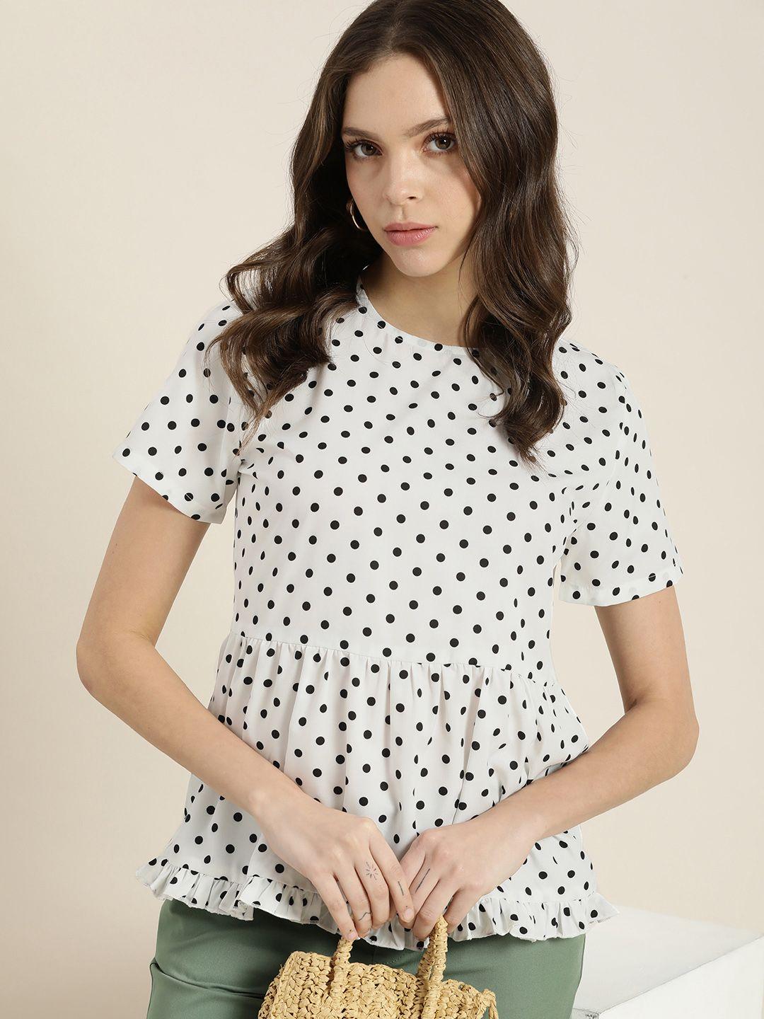 encore by invictus women white polka dots print peplum top