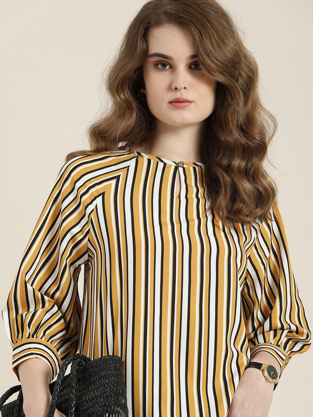 encore by invictus women yellow & white striped regular top