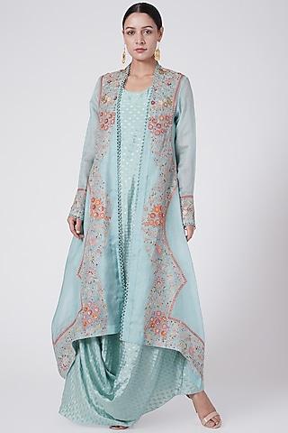 english blue jacket with cowl kurta