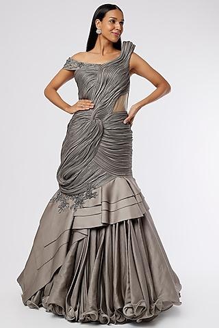 english grey embroidered ruffled gown