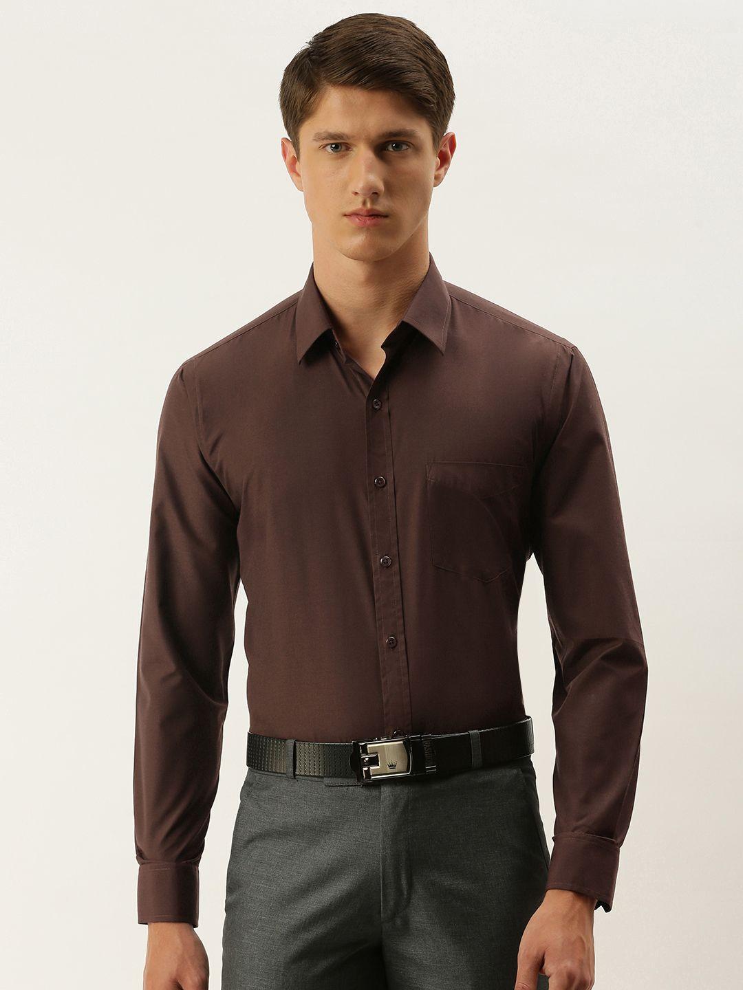 english navy men brown slim fit solid formal shirt