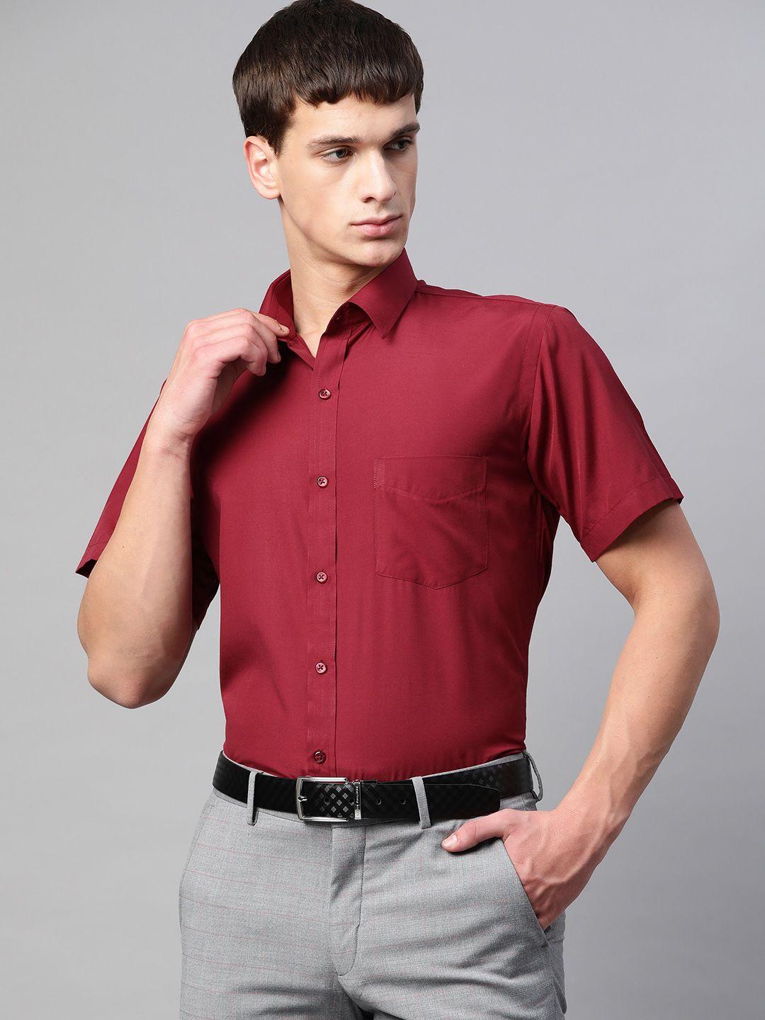 english navy men maroon polyester slim fit solid formal shirt