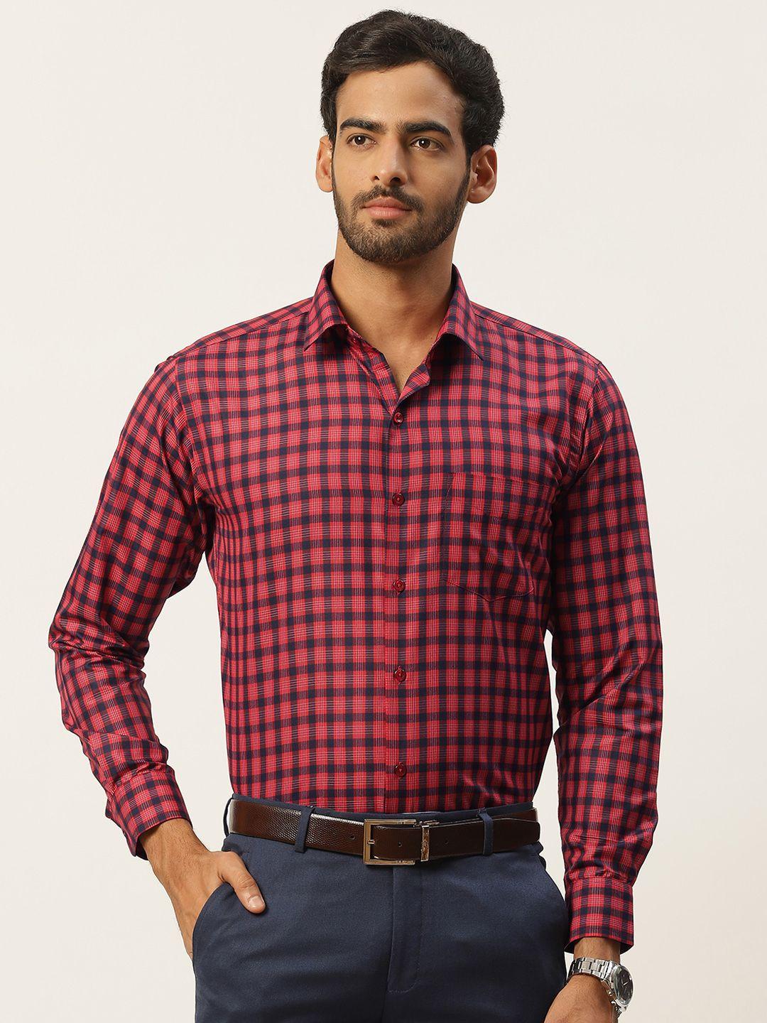 english navy men red slim fit checked formal shirt