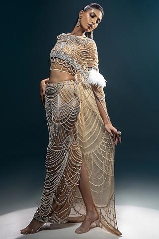 english nude net & satin hand embroidered cape set