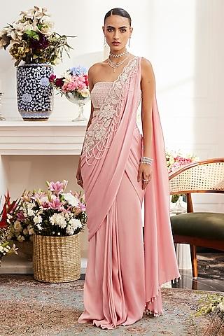 english pink chiffon hand embroidered draped saree set