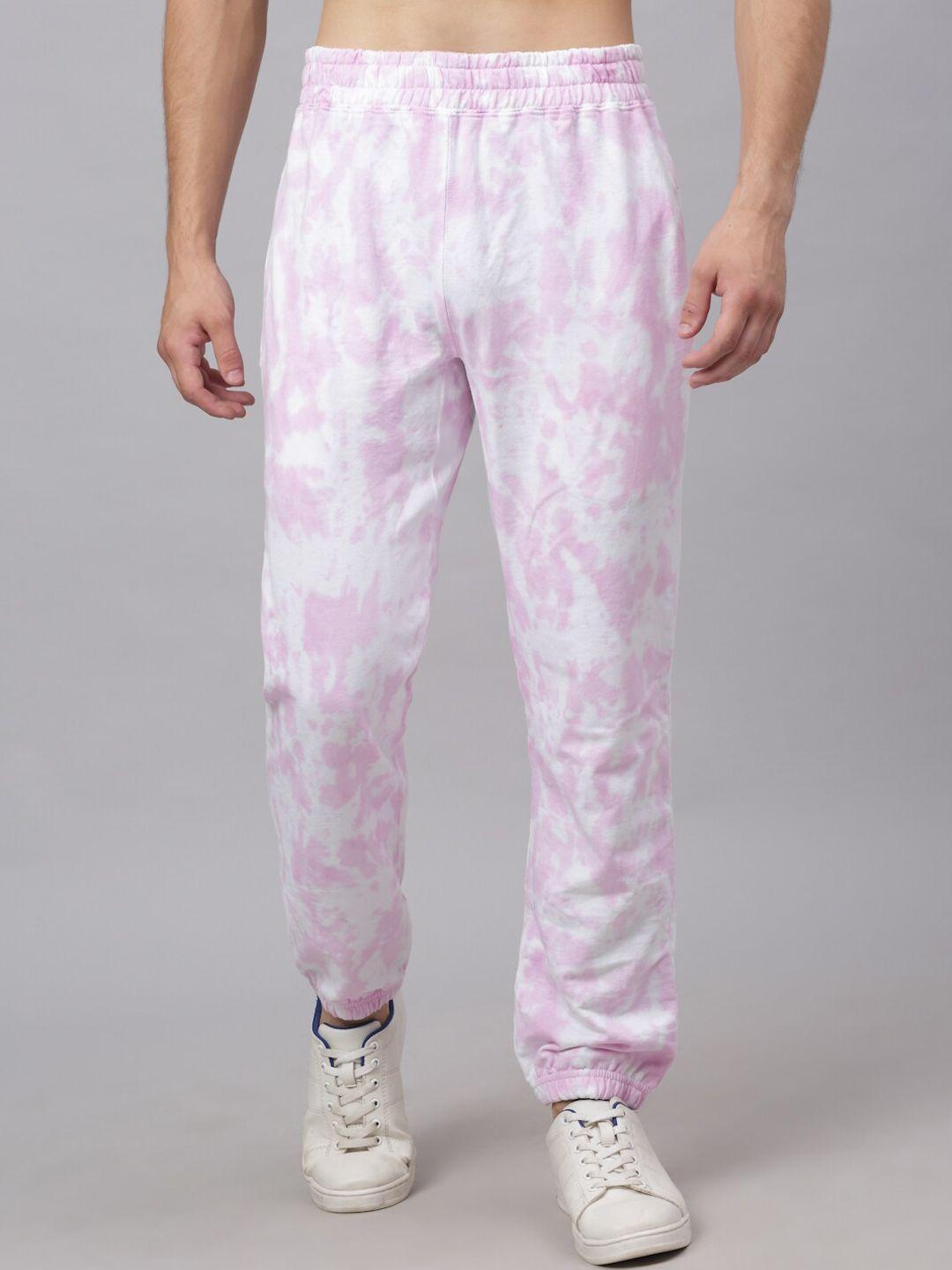 ennoble men pink & white tie & dye pure cotton relaxed-fit track pants