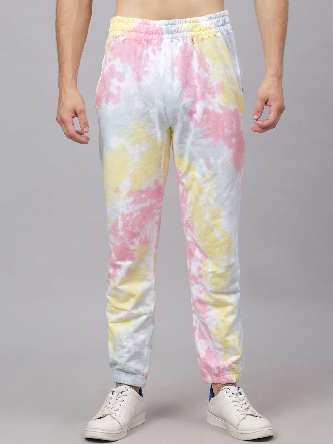 ennoble men pink tie & dye printed cotton relaxed-fit joggers