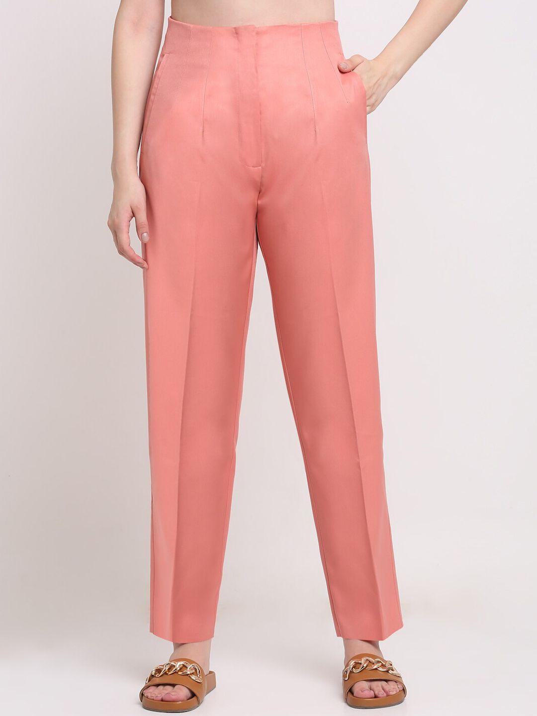 ennoble women peach-coloured smart high-rise easy wash trousers