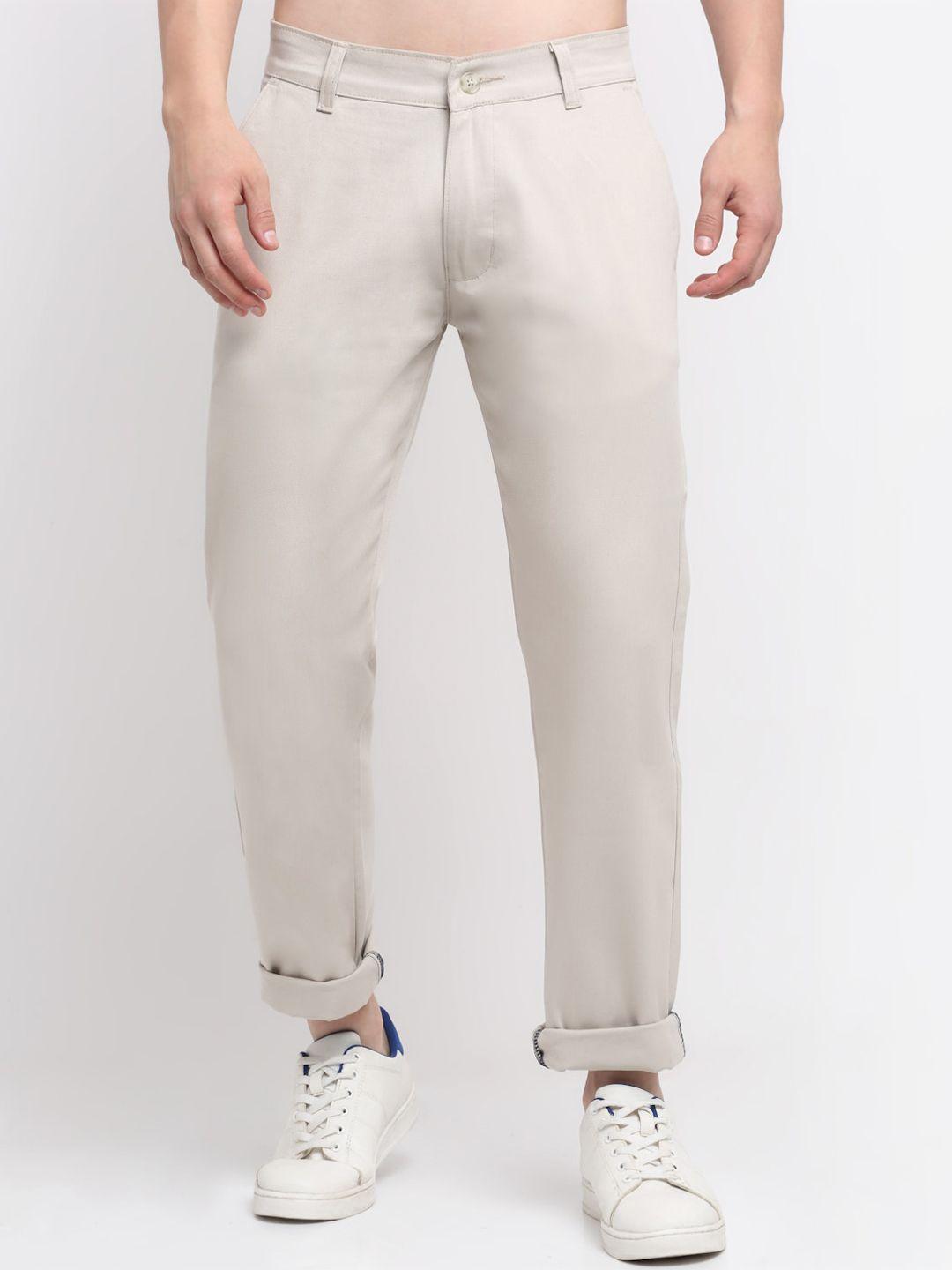 ennoble men beige smart slim fit easy wash cotton trousers