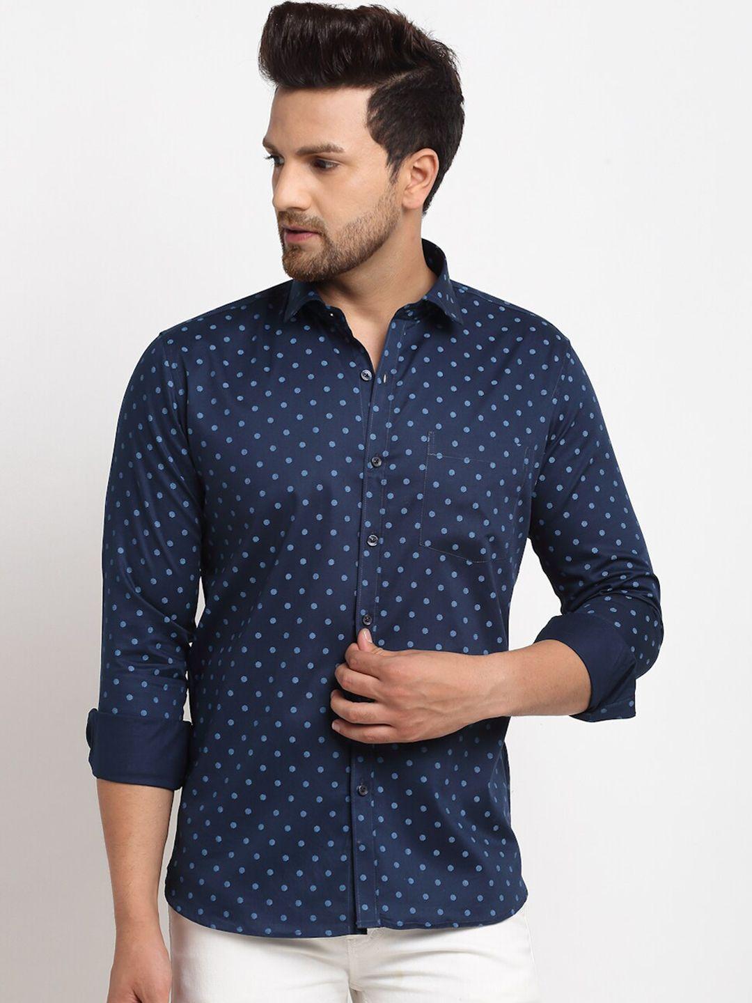 ennoble men navy blue tailored fit pure cotton printed casual shirt