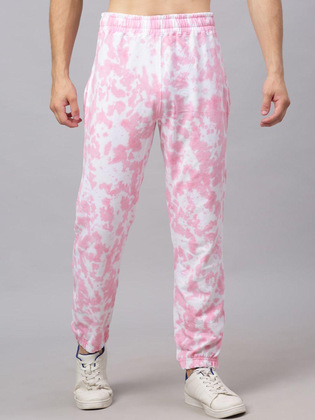 ennoble men pink & white tie & dye printed pure cotton relaxed-fit joggers