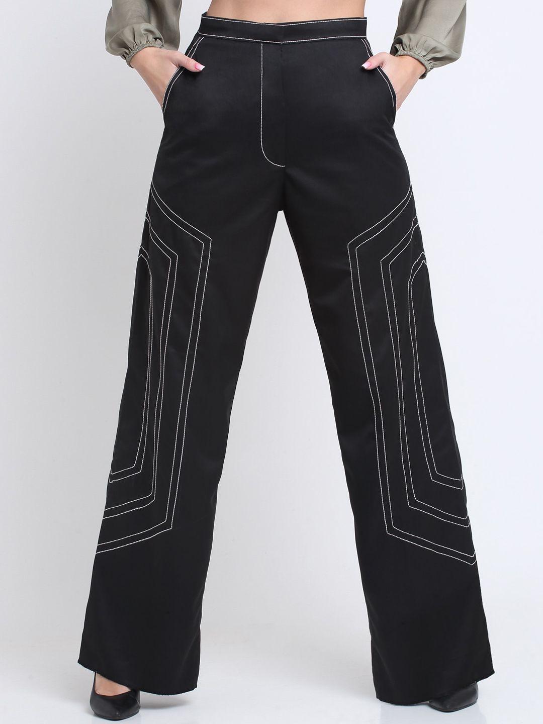 ennoble women black striped relaxed straight leg straight fit parallel trousers