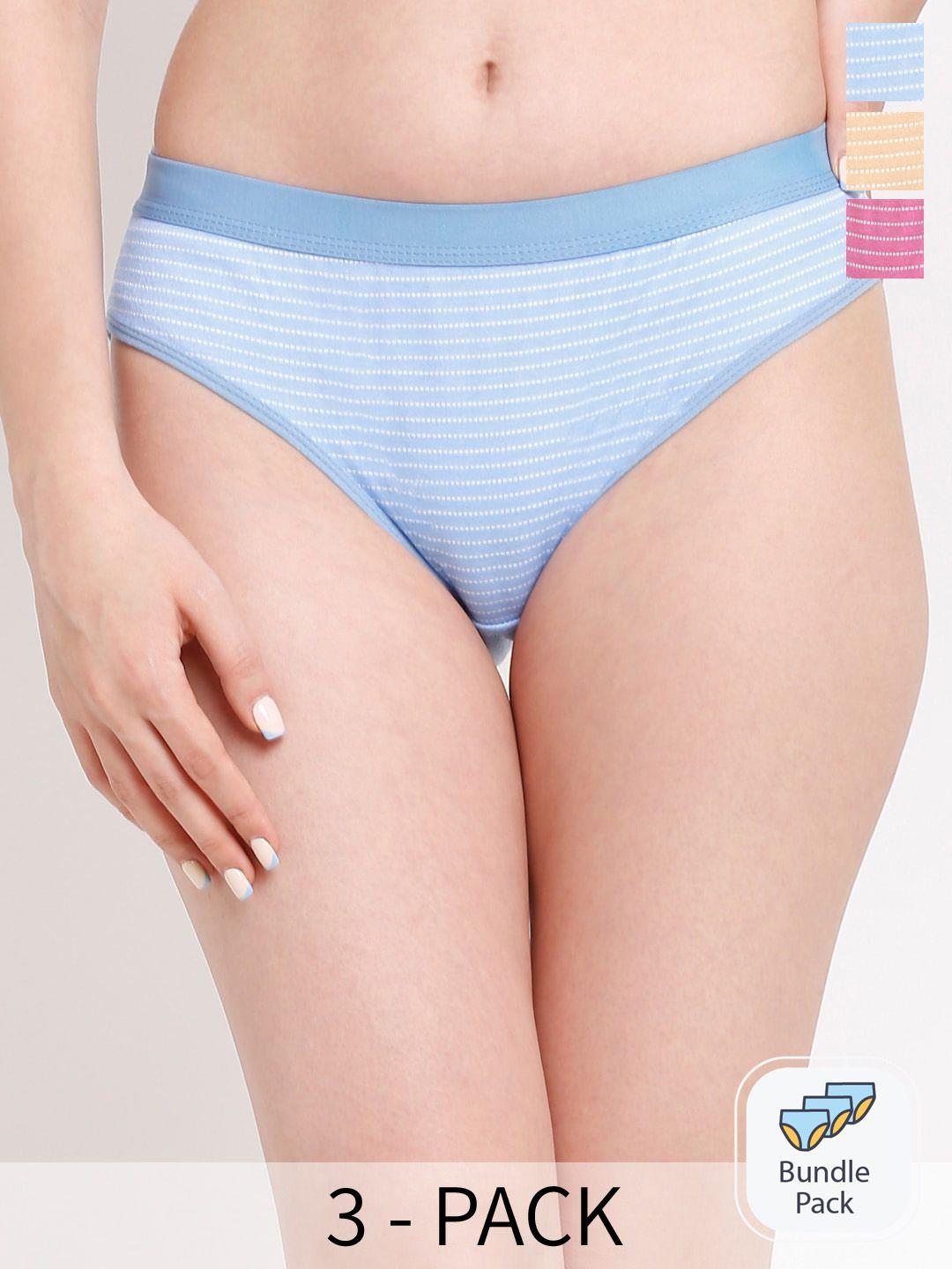 ennoble women pack of 3 striped mid-rise ribbed cotton hipster briefs