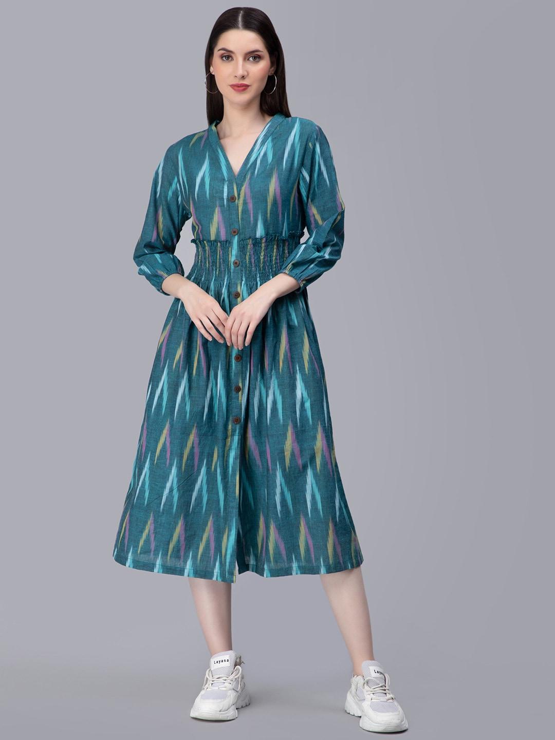 entellus ethnic motifs ikkat printed v-neck smocked shirt dress