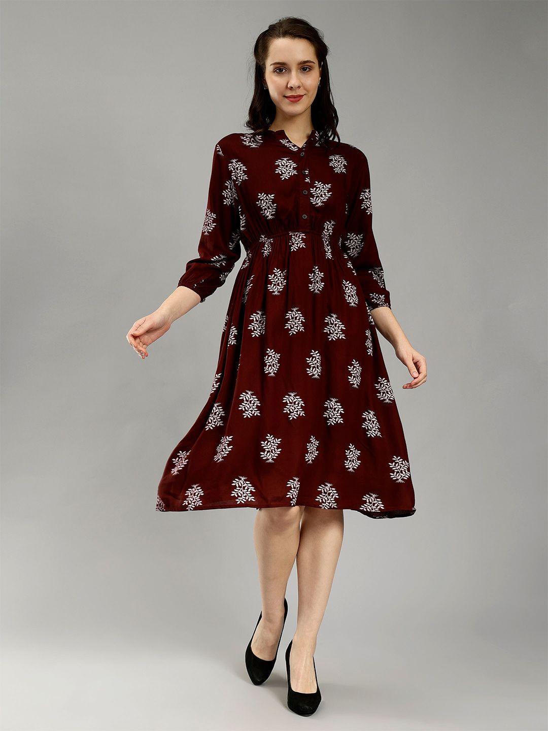 entellus coffee brown floral print fit & flare midi dress