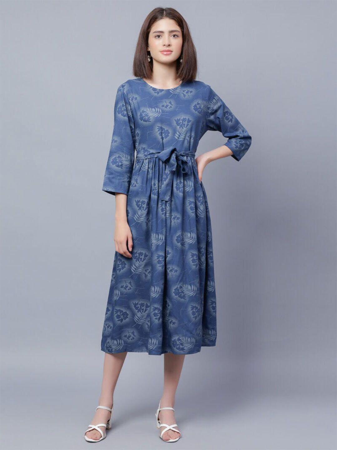 entellus floral printed round neck belted fit & flare midi dress