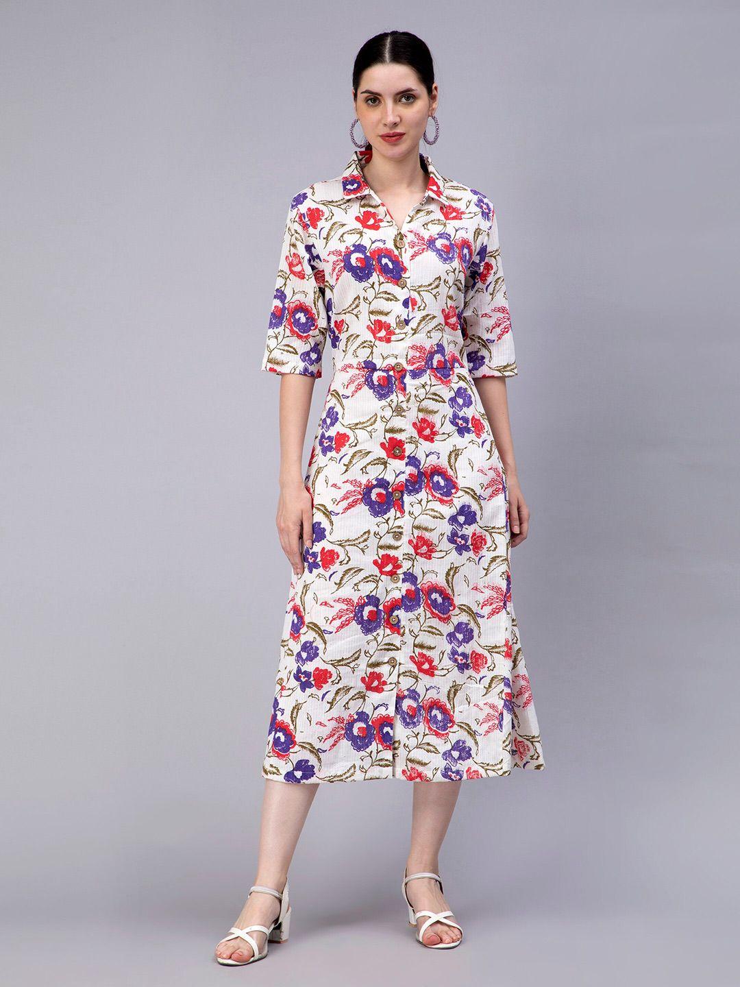 entellus floral printed shirt collar cotton shirt midi dress