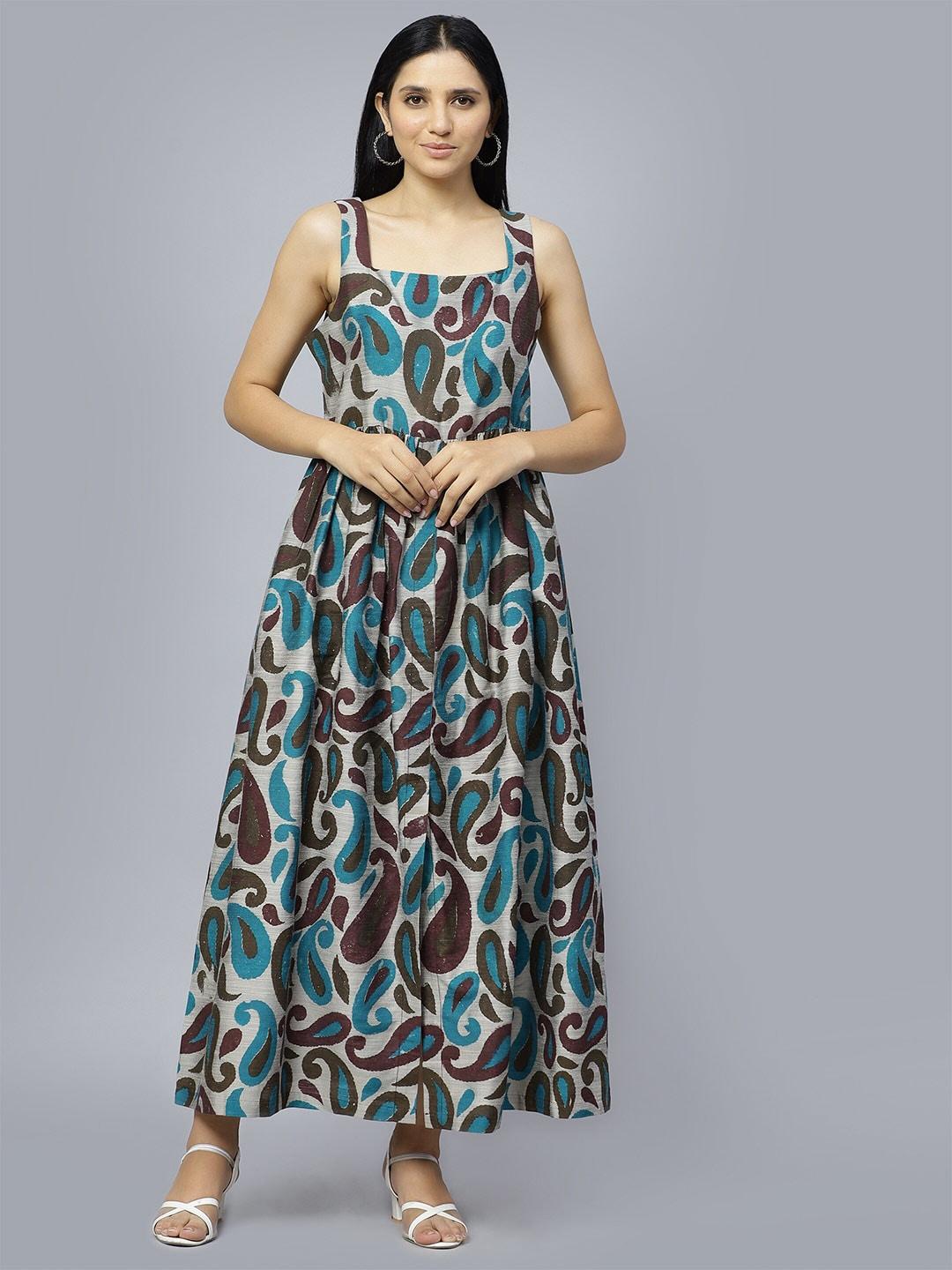 entellus paisley ethnic motifs printed shoulder strap cotton fit & flare maxi dress