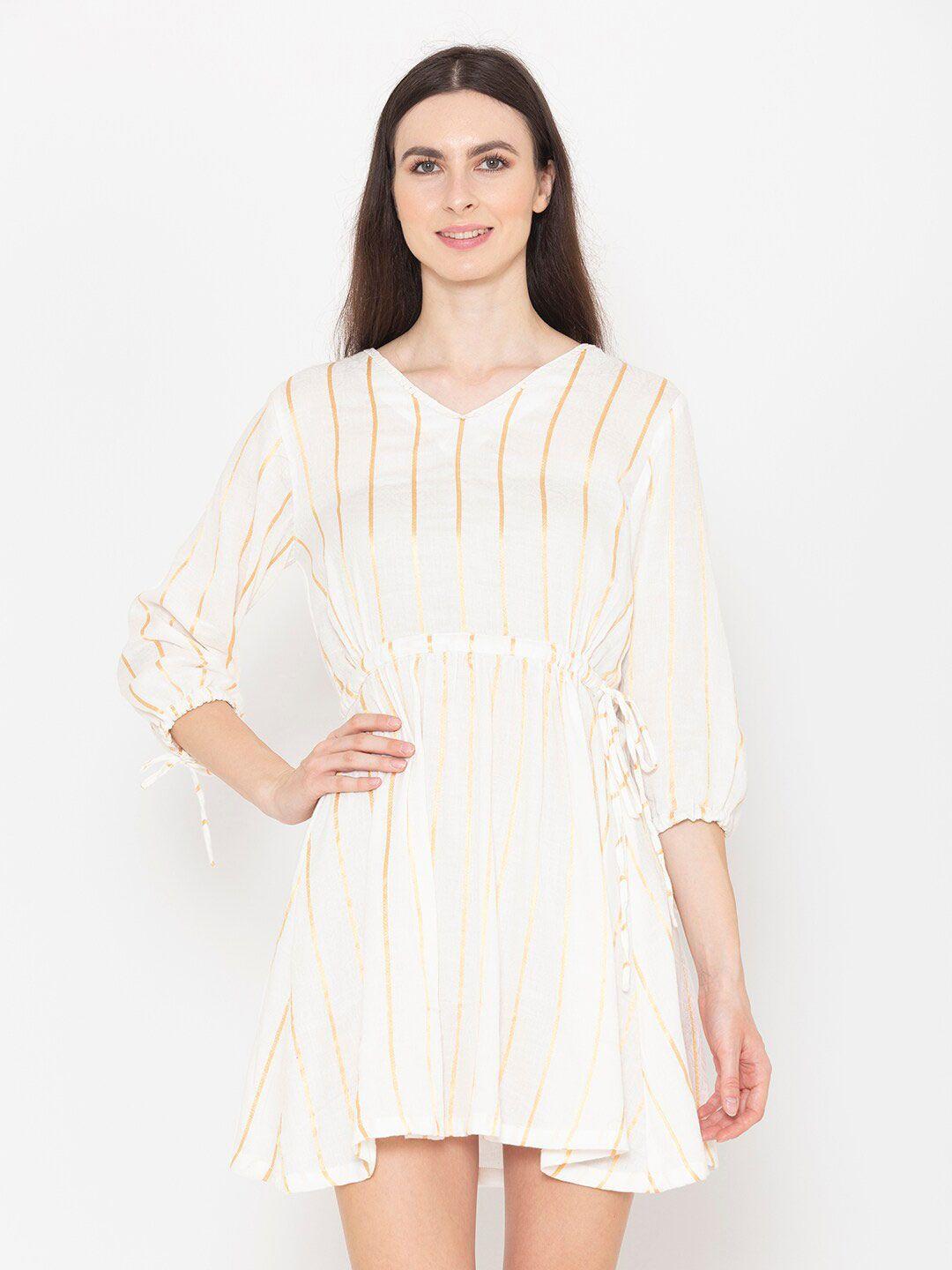 entellus white striped puff sleeve fit & flare mini dress