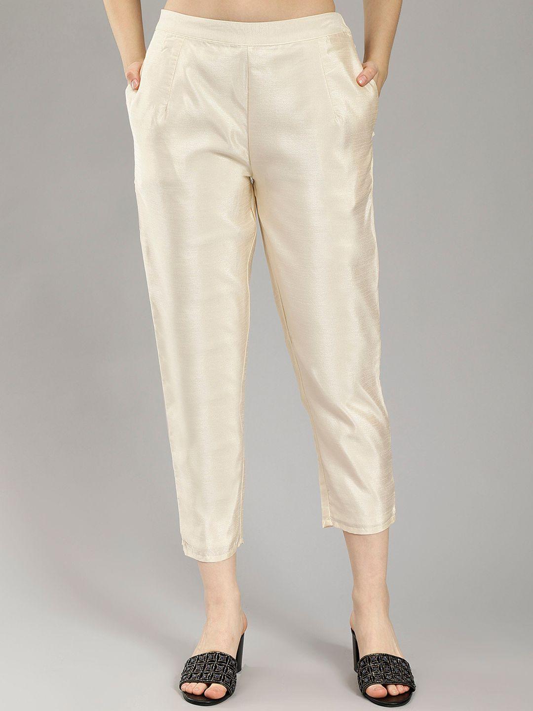 entellus women cream-coloured smart tapered fit high-rise trousers