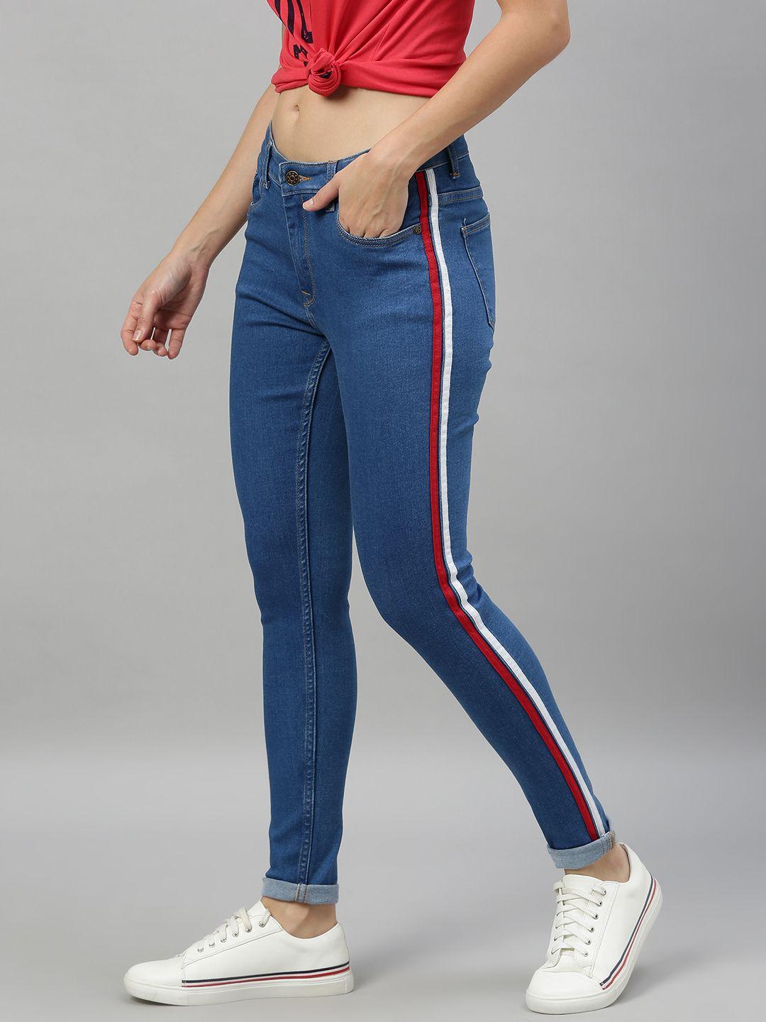 enviously young women blue slim fit mid-rise clean look stretchable side striped jeans