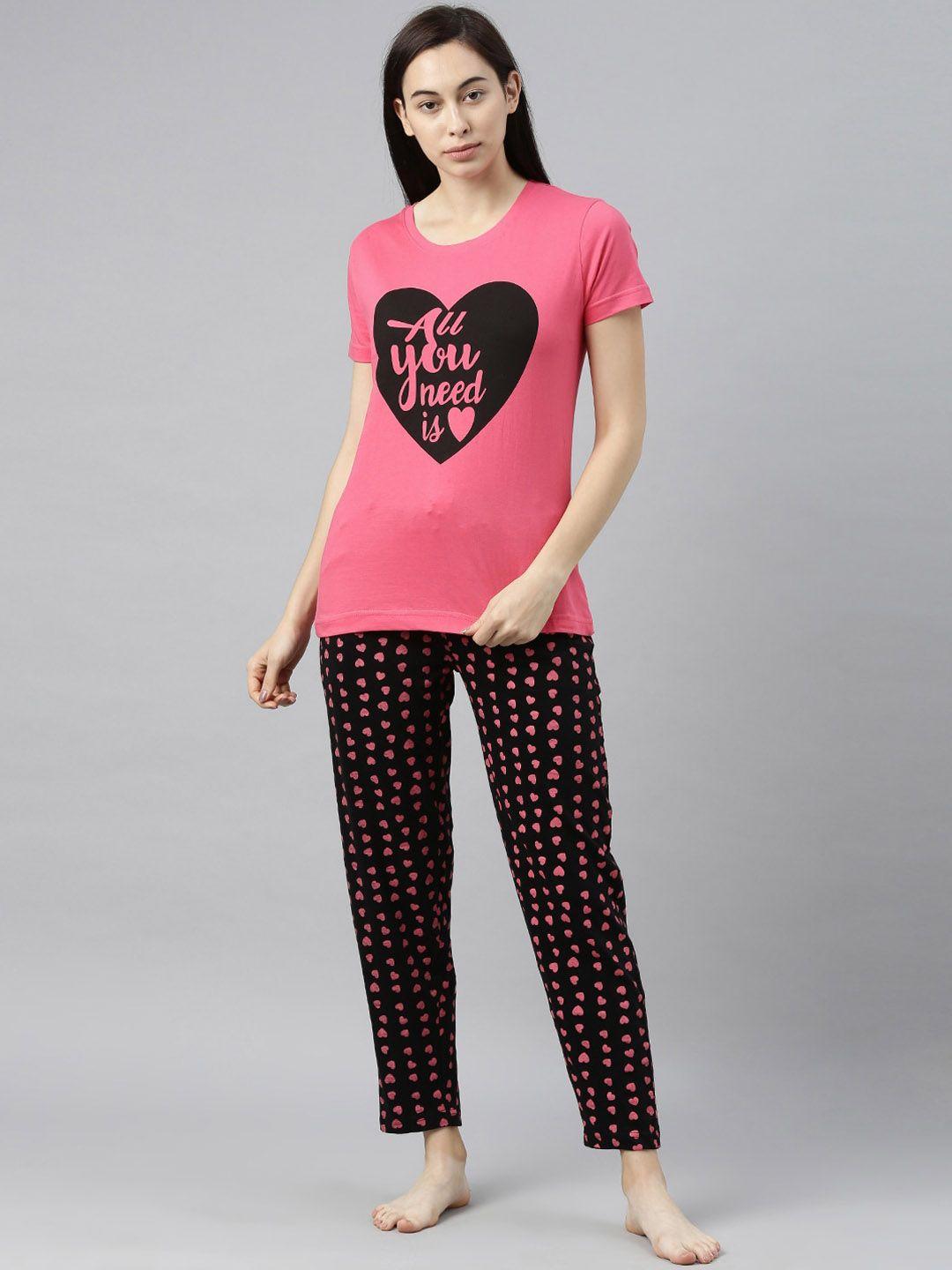 enviously young women pink & black printed night suit