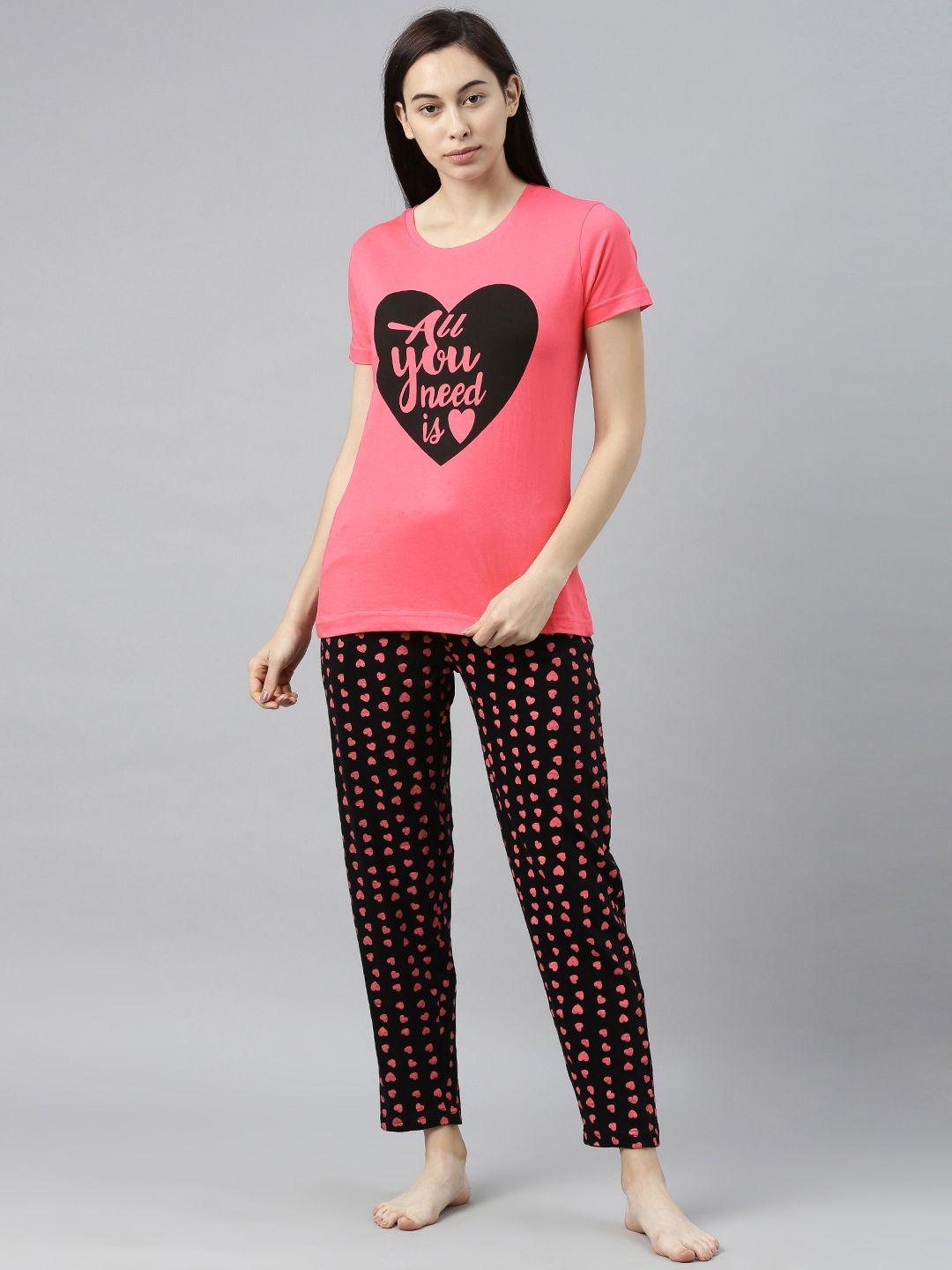 enviously young women pink & black printed pure cotton night suit