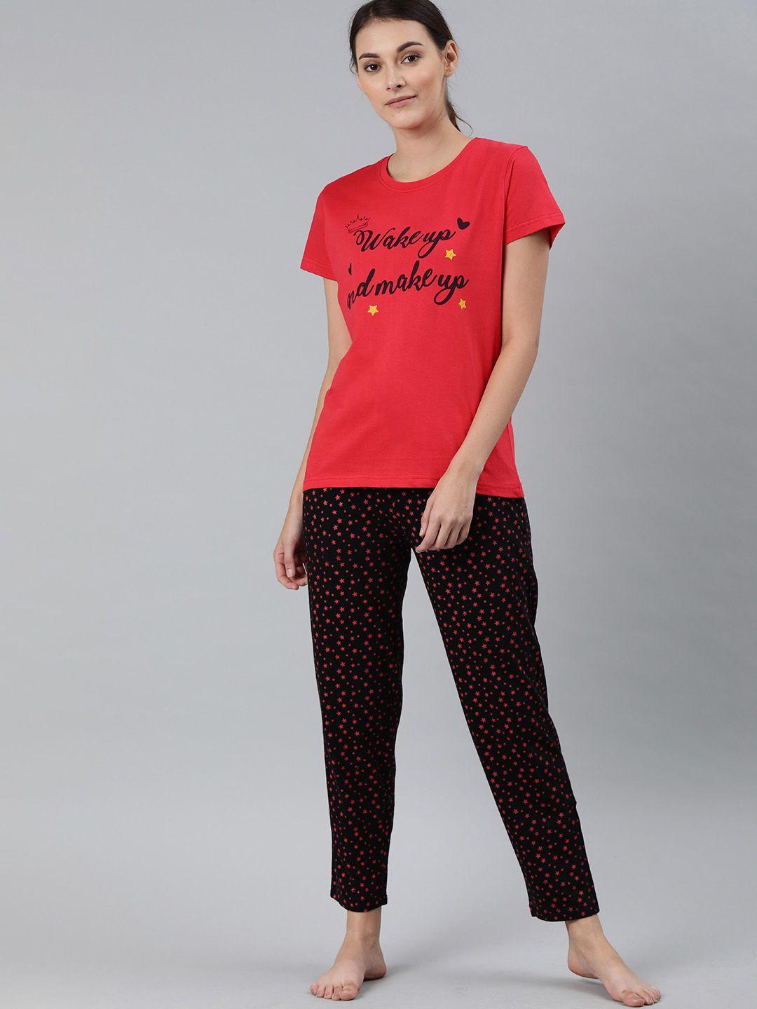 enviously young women red & black printed night suit