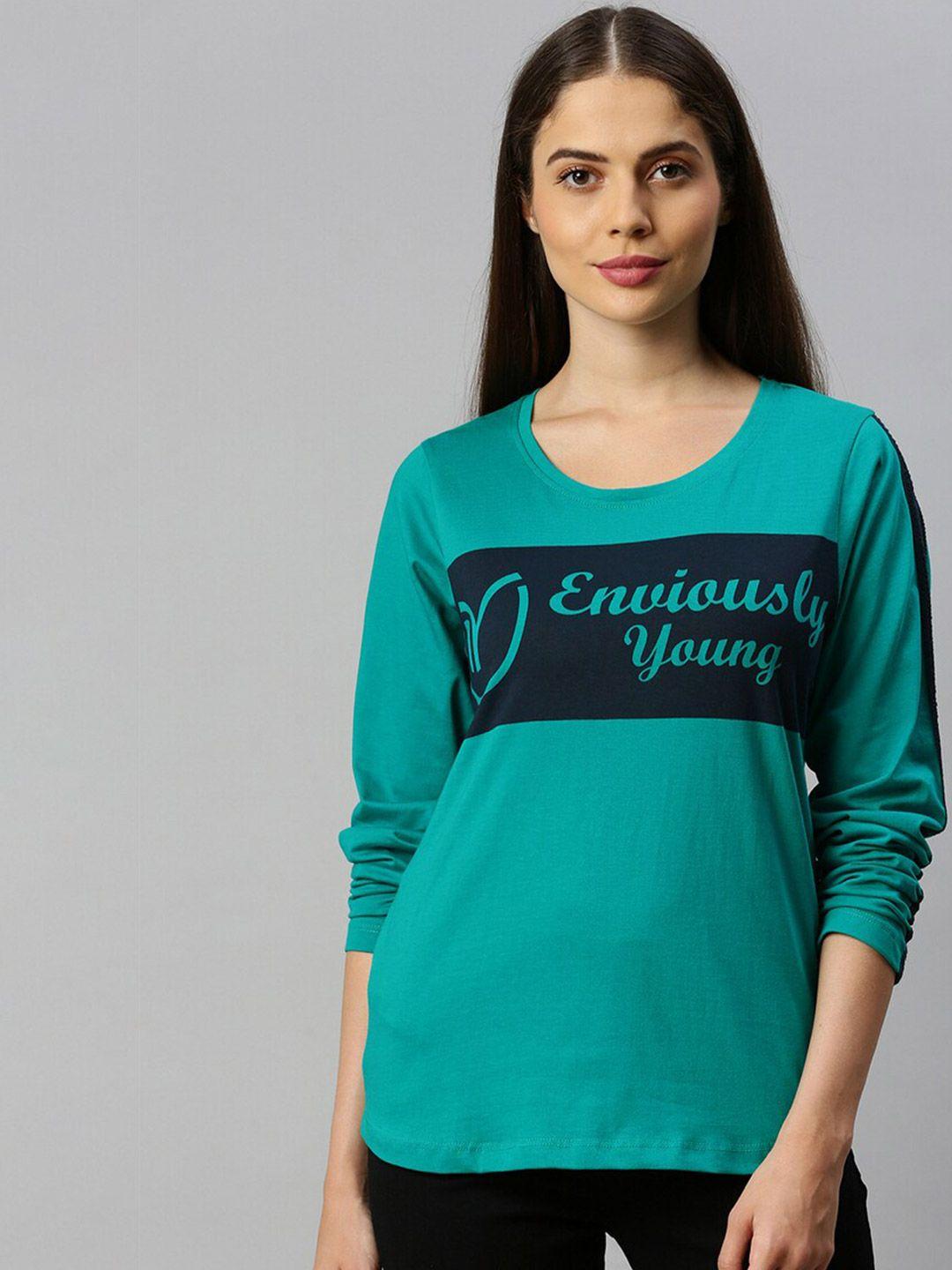 enviously young women teal typography printed applique t-shirt