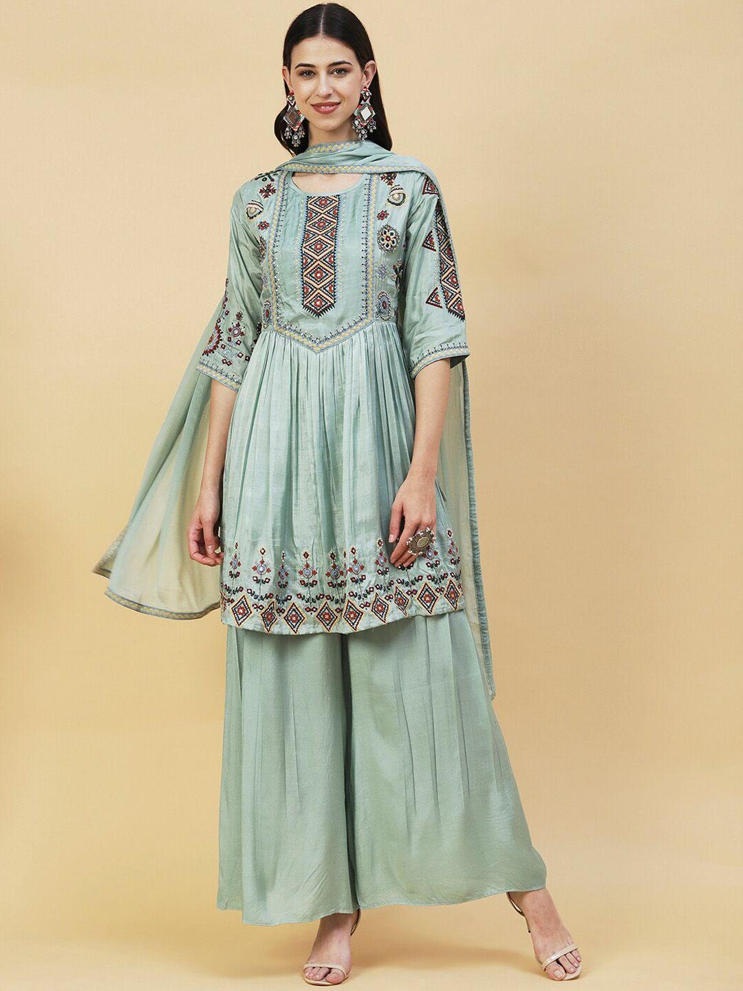 envy me by fashor embroidered empire beads & stones kurta with palazzos & dupatta