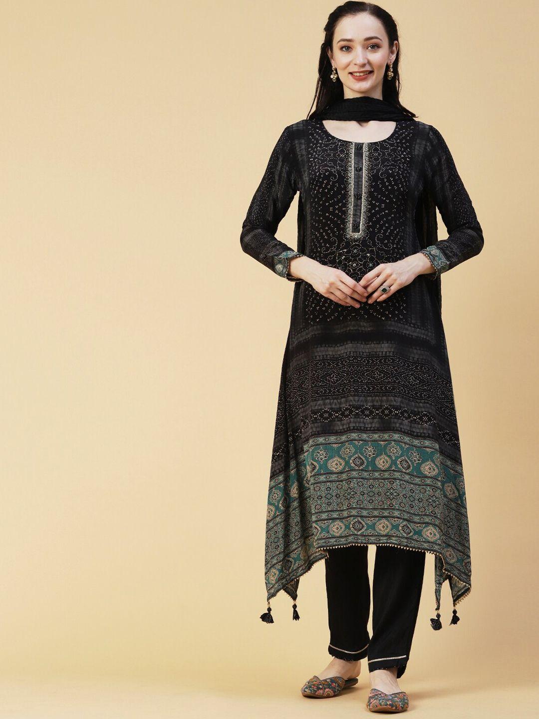 envy me by fashor ethnic motifs printed sequined asymmetric kurta with trousers & dupatta