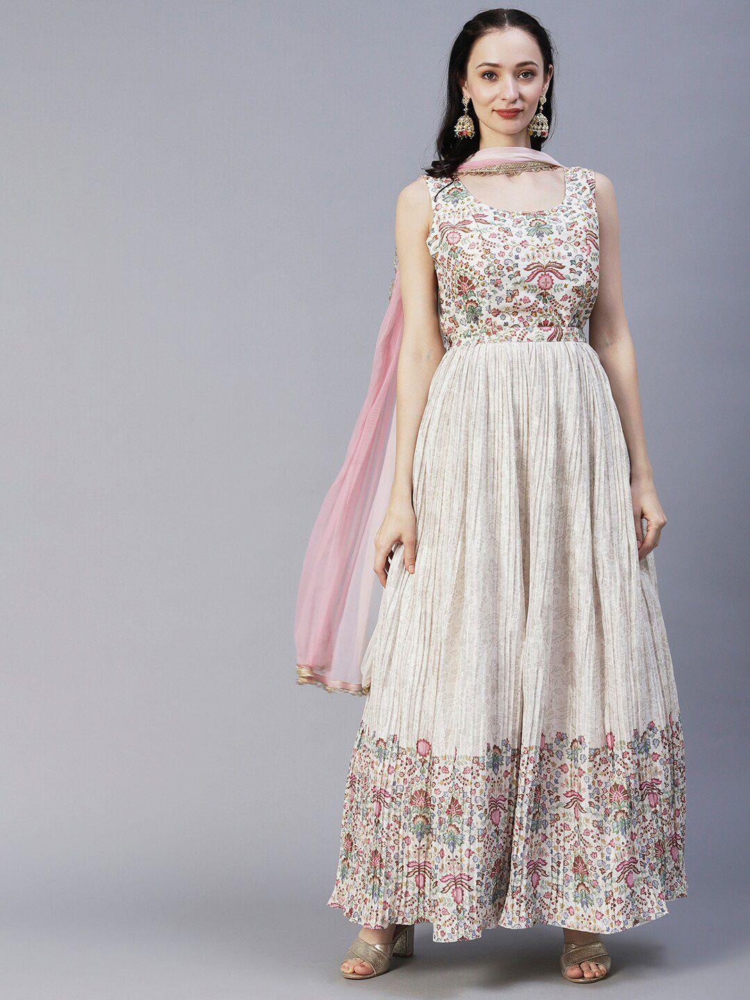 envy me by fashor floral printed fit & flare maxi ethnic dress with dupatta & belt