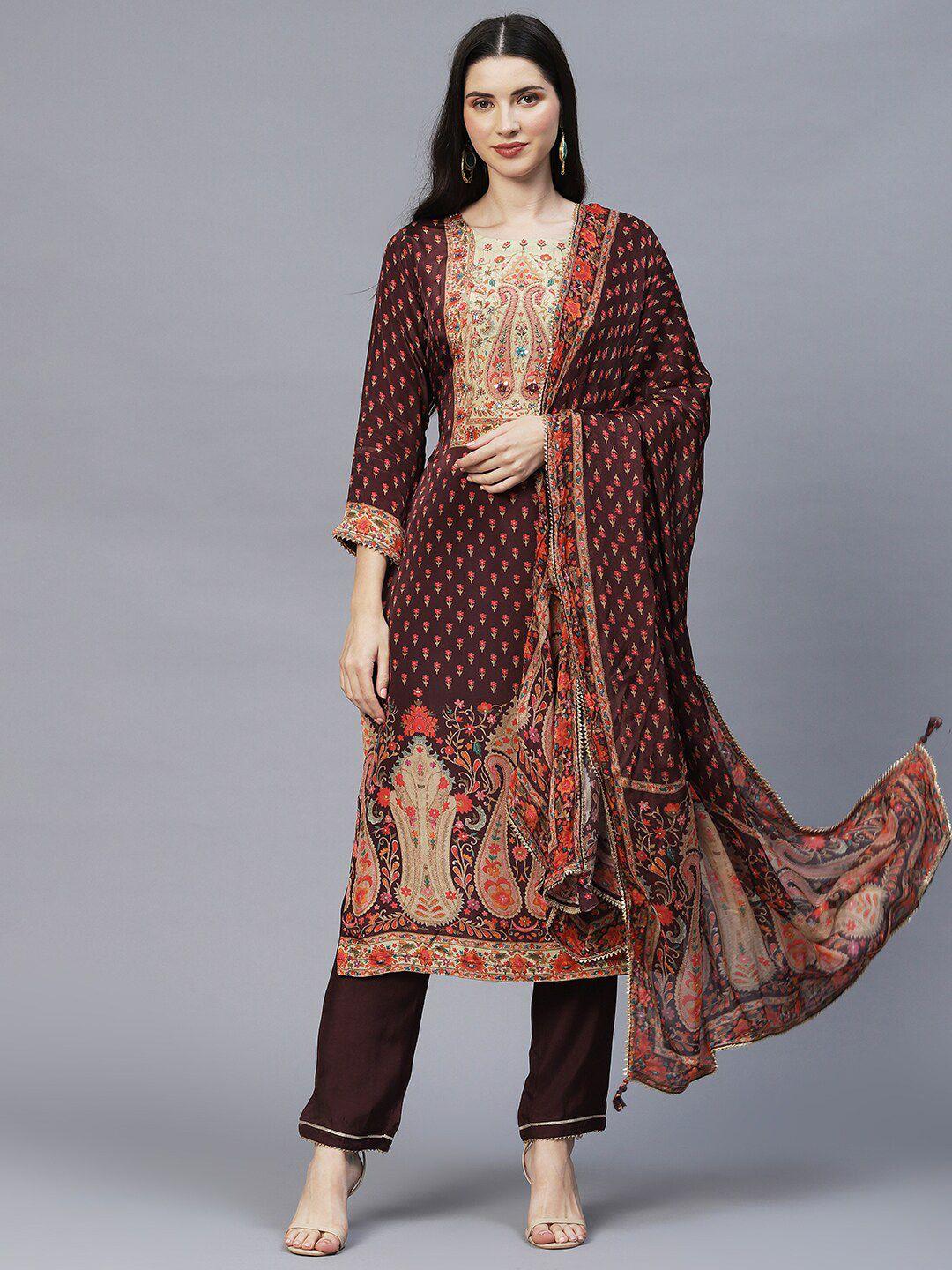 envy me by fashor floral printed mirror work kurta with trousers & dupatta